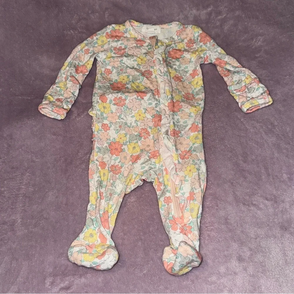 Angel Dear Floral Ruffle Bamboo Viscose Footed Sleeper Pink Yellow Newborn